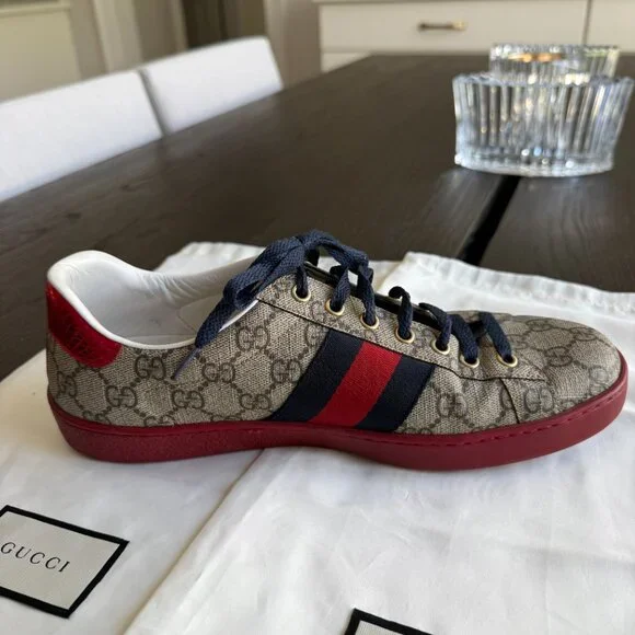 Gucci Ace GG Supreme Sneakers Men’s Size 8.5 Beige Red Blue Stripe - Picture 6 of 10